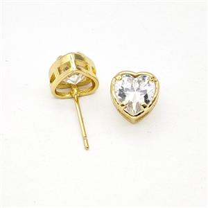 Copper Heart Stud Earrings Pave Zirconia Gold Plated, approx 8.5mm [FN55879]