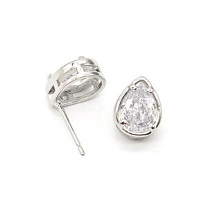 Copper Teardrop Stud Earrings Pave Zirconia Platinum Plated, approx 7-10mm [FN55880]
