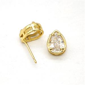 Copper Teardrop Stud Earrings Pave Zirconia Gold Plated, approx 7-10mm [FN55881]
