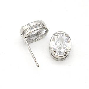 Copper Oval Stud Earrings Pave Zirconia Platinum Plated, approx 8-10mm [FN55882]