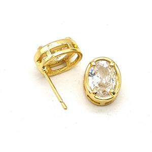 Copper Oval Stud Earrings Pave Zirconia Gold Plated, approx 8-10mm [FN55883]