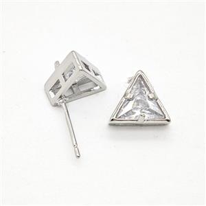 Copper Triangle Stud Earrings Pave Zirconia Platinum Plated, approx 10mm [FN55884]