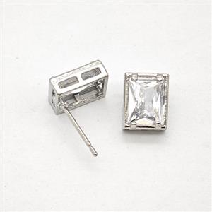 Copper Rectangle Stud Earrings Pave Zirconia Platinum Plated, approx 8-10mm [FN55886]