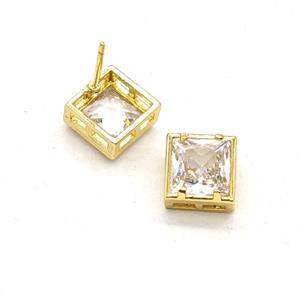 Copper Square Stud Earrings Pave Zirconia Gold Plated, approx 8.5mm [FN55889]