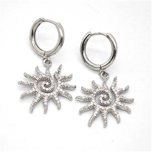 Copper Sun Hoop Earrings Pave Zirconia Platinum Plated, approx 20mm, 14mm dia [FN55915]