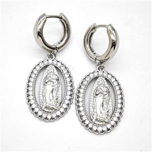 Copper Vrigin Mary Hoop Earrings Pave Zirconia Platinum Plated, approx 18-25mm, 15mm dia [FN55919]