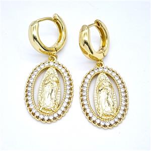 Copper Vrigin Mary Hoop Earrings Pave Zirconia Gold Plated, approx 18-25mm, 15mm dia [FN55920]