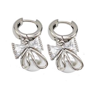 Copper Bowknot Hoop Earrings Pave Resin Platinum Plated, approx 14-17mm, 15mm dia [FN55921]
