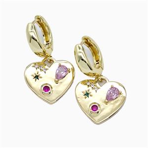 Copper Heart Hoop Earrings Pave Zirconia Gold Plated, approx 18mm, 15mm dia [FN55923]