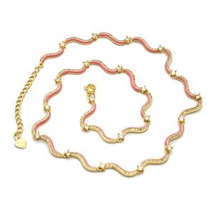 Copper Necklace Pave Zironia Pink Enamel Gold Plated, approx 3mm, 42-47cm length [FN55955]