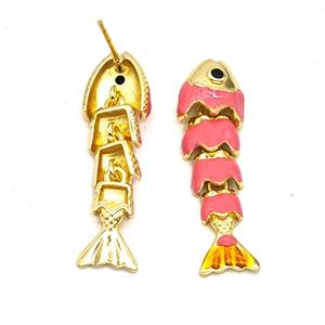 Copper Fish Stud Earrings Pink Enamel Gold Plated, approx 8-32mm [FN55963]