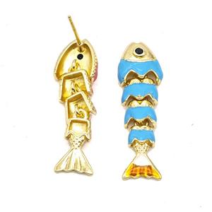 Copper Fish Stud Earrings Blue Enamel Gold Plated, approx 8-32mm [FN55964]