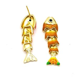 Copper Fish Stud Earrings Orange Enamel Gold Plated, approx 8-32mm [FN55965]