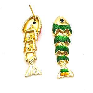 Copper Fish Stud Earrings Green Enamel Gold Plated, approx 8-32mm [FN55966]