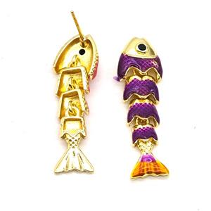 Copper Fish Stud Earrings Purple Enamel Gold Plated, approx 8-32mm [FN55967]
