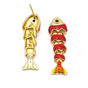 Copper Fish Stud Earrings Red Enamel Gold Plated, approx 8-32mm [FN55968]