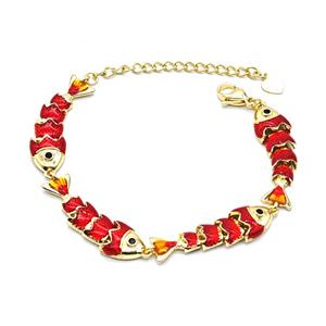 Copper Fish Bracelet Red Enamel Gold Plated, approx 8-32mm, 20cm length [FN55975]