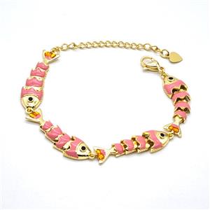 Copper Fish Bracelet Pink Enamel Gold Plated, approx 8-32mm, 20cm length [FN55976]