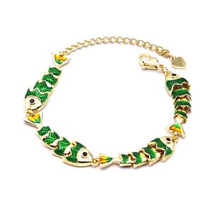 Copper Fish Bracelet Green Enamel Gold Plated, approx 8-32mm, 20cm length [FN55977]