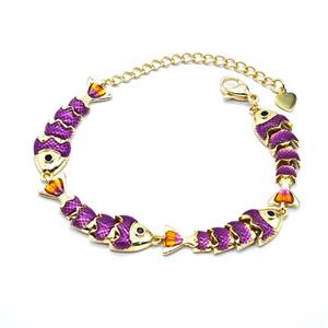 Copper Fish Bracelet Purple Enamel Gold Plated, approx 8-32mm, 20cm length [FN55980]