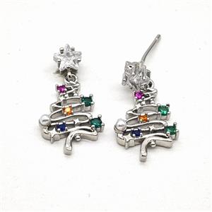 Copper Christmas Tree Stud Earrings Pave Zirconia Platinum Plated, approx 12-20mm, 6mm [FN55981]