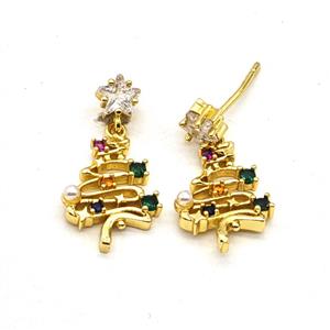 Copper Christmas Tree Stud Earrings Pave Zirconia Gold Plated, approx 12-20mm, 6mm [FN55982]