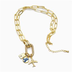 Copper Necklace Pave Zirconia With Airplane Passport Gold Plated, approx 6-12mm, 14-23mm, 5-14mm, 42-47cm length [FN55986]
