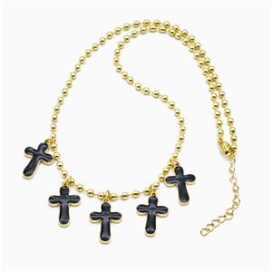 Copper Cross Necklace Black Enamel Gold Plated, approx 13-18mm, 3mm, 42-47cm length [FN55996]