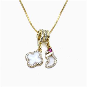 Christmas Stocking And Clover Charms Copper Necklace Pave Zirconia Enamel Gold Plated, approx 8-12mm, 1mm, 40cm length [FN56005]