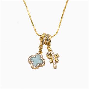 Christmas Candy Cane And Clover Charms Copper Necklace Pave Zirconia Enamel Gold Plated, approx 8-12mm, 1mm, 40cm length [FN56007]