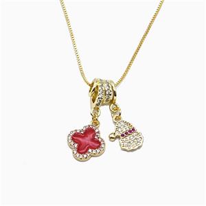 Christmas Santa Claus And Clover Charms Copper Necklace Pave Zirconia Enamel Gold Plated, approx 8-12mm, 1mm, 40cm length [FN56008]