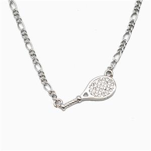 Tennis Racket Copper Necklace Pave Zirconia Sports Platinum Plated, approx 8-19.5mm, 2mm, 40-45cm length [FN56016]