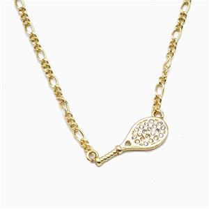 Tennis Racket Copper Necklace Pave Zirconia Sports Gold Plated, approx 8-19.5mm, 2mm, 40-45cm length [FN56017]