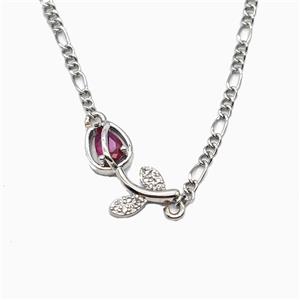 Copper Tulip Flower Necklace Pave Zirconia Platinum Plated, approx 7-17mm, 2mm, 40-45cm length [FN56019]