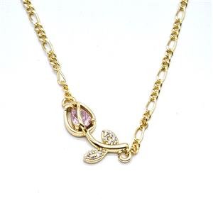 Copper Tulip Flower Necklace Pave Zirconia Gold Plated, approx 7-17mm, 2mm, 40-45cm length [FN56020]