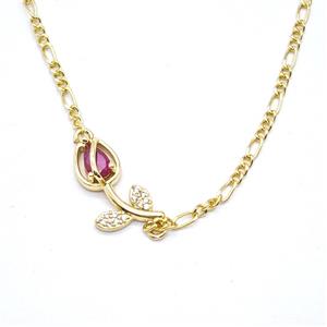 Copper Tulip Flower Necklace Pave Zirconia Gold Plated, approx 7-17mm, 2mm, 40-45cm length [FN56021]
