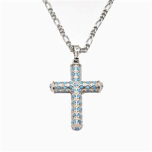 Copper Cross Necklace Pave Turq Zirconia Platinum Plated, approx 20-27mm, 2mm, 40-45cm length [FN56024]