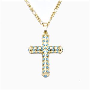 Copper Cross Necklace Pave Turq Zirconia Gold Plated, approx 20-27mm, 2mm, 40-45cm length [FN56025]