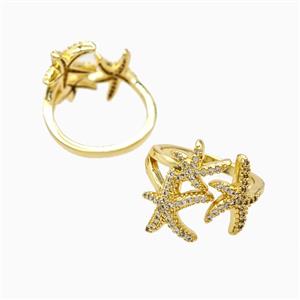 Copper Starfish Rings Pave Zirconia 18K Gold Plated, approx 14-19mm, 18mm dia [FN56091]