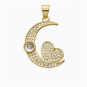 Copper Heart Moon Pendant Pave Zirconia 18K Gold Plated, approx 16-20mm [FN56258]