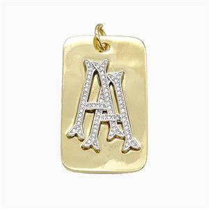 Copper Letter A Pendant Pave Zirconia Rectangle 18K Gold Plated, approx 25-40mm [FN56261]