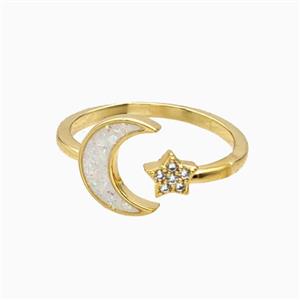 Copper Star Moon Rings Pave Zirconia Fireopal 18K Gold Plated, approx 11mm, 18mm dia [FN56344]