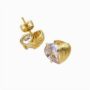 Copper Heart Stud Earrings Pave Zirconia 18K Gold Plated, approx 12mm [FN56351]