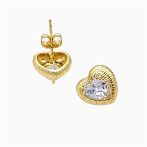 Copper Heart Stud Earrings Pave Zirconia 18K Gold Plated, approx 12mm [FN56353]