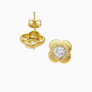 Copper Flower Stud Earrings Pave Zirconia 18K Gold Plated, approx 12.5mm [FN56354]