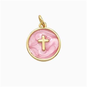 Copper Cross Pendant Pink Enamel 18K Gold Plated, approx 13mm [FN56368]