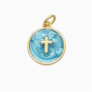 Copper Cross Pendant Teal Enamel 18K Gold Plated, approx 13mm [FN56369]