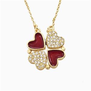 Copper Heart Clover Necklace Pave Zirconia Enamel Gold Plated, approx 18mm, 42-47cm length [FN56375]
