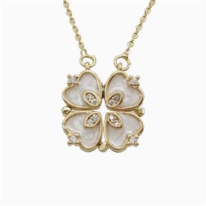 Copper Heart Clover Necklace Pave Zirconia Enamel Gold Plated, approx 18mm, 42-47cm length [FN56376]