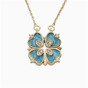 Copper Heart Clover Necklace Pave Zirconia Enamel Gold Plated, approx 18mm, 42-47cm length [FN56377]
